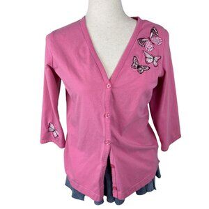 Denim & Co Pink Butterfly Embroidered Top Women’s XS